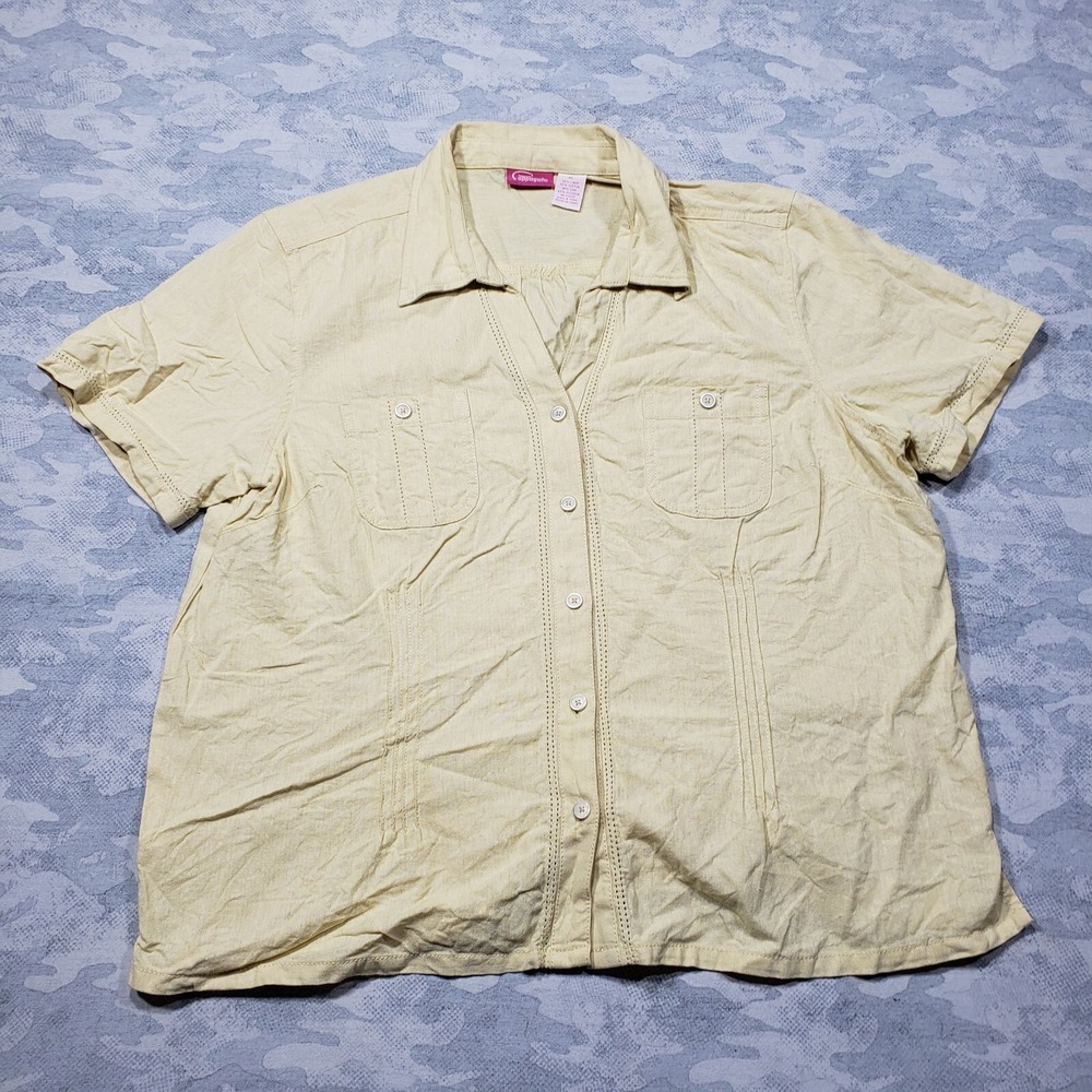 Papagallo Top Womens XL Yellow Linen Blend Short Sleeve Button Up Front Pockets